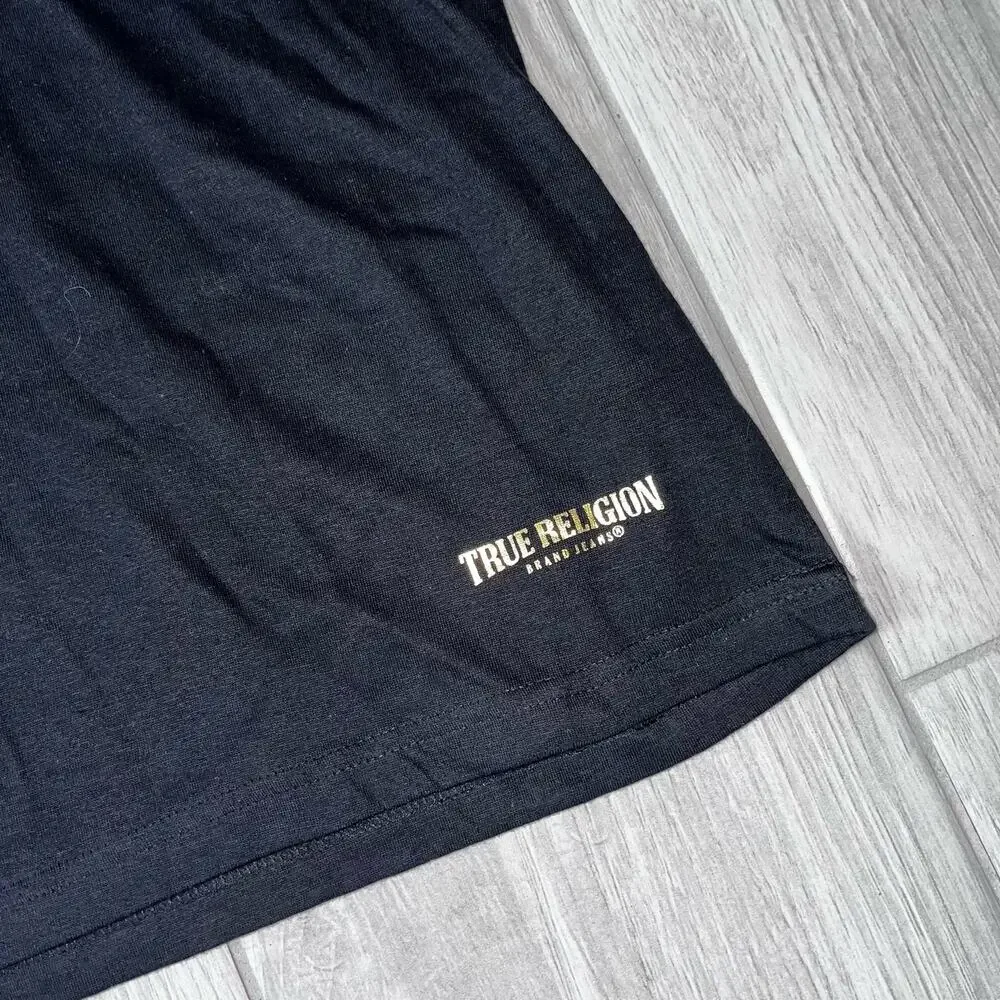 True Religion Men's LG Black V-neck Black T-shirt Gold Graphics